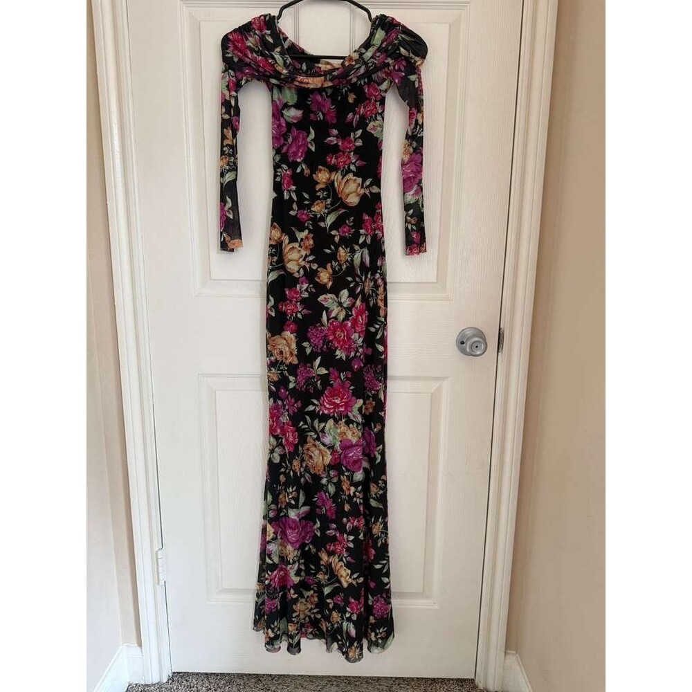 AFRM Floral Maxi Dress XXS Black Pink Long Sleeve Off Shoulder Y2K